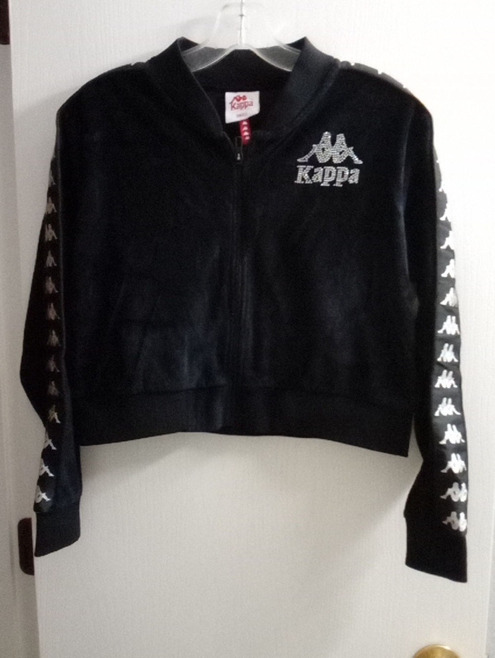 Kappa Black Velour Cropped Zip Bomber Jacket with White Logo Tape